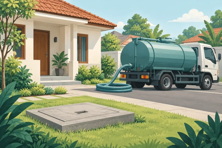 Ilustrasi rumah, penutup septic tank, dan kendaraan penyedotan di jalan masuk